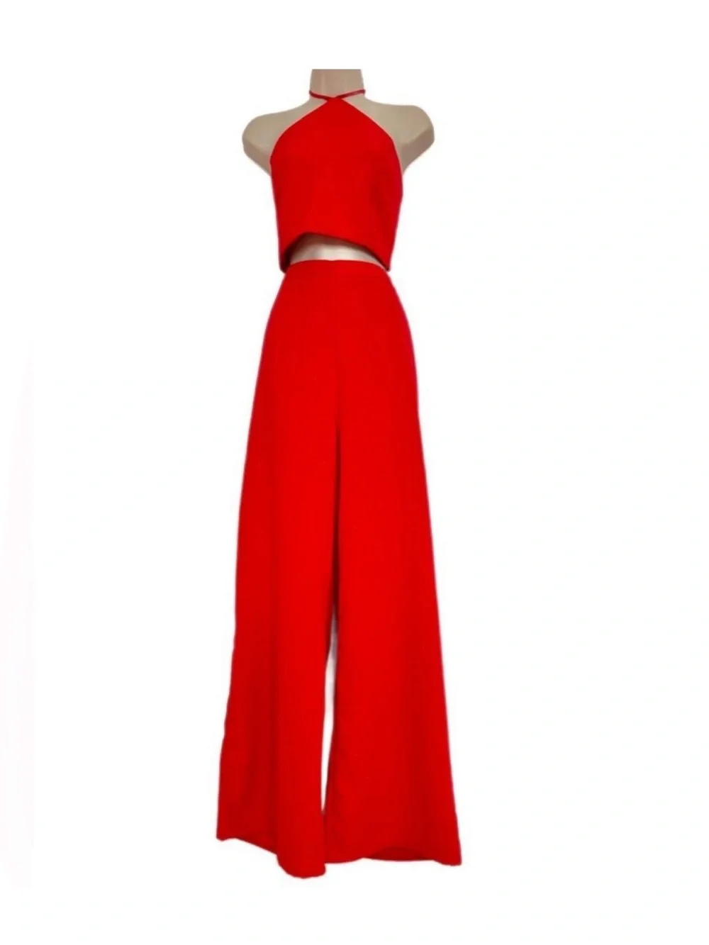 LULUS ~ Elegant Red Halter 2-Piece Wide Leg Pantsuit size XL